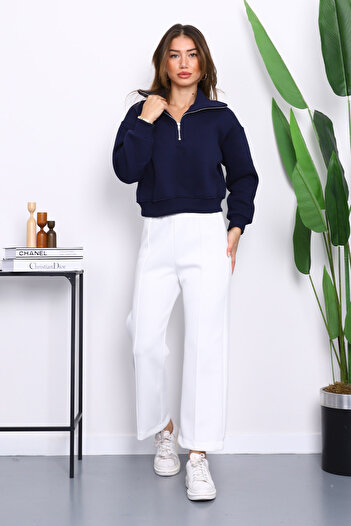 İmajButik Navy Blue Front Zipper Three-Thread Crop Sweat