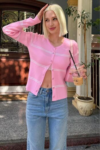 Madmext Pink Striped Women's Knitwear Cardigan Mg2481