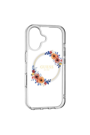 Guess Case for IPhone 16, IML Flowers Wreath MagSafe - Transparent