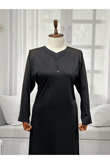 HESNA Black Silk Pentagonal Collar Stone Printed Quality Mother Combed Cotton Dress with Handles