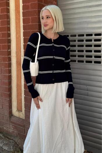 Madmext Navy Blue Striped Women's Knitwear Cardigan Mg2481