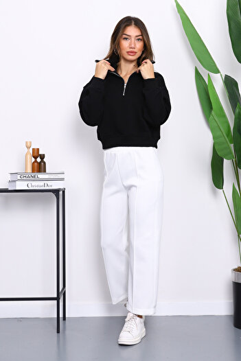 İmajButik Black Front Zipper Three-Thread Crop Sweat