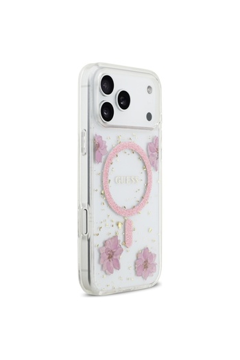 Guess Case for iPhone 17 Pro, Resin Flowers and Glitter MagSafe - Pink