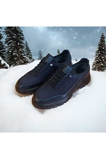 oktay kundura Men's B505K Leather Rubber Anti-Slip Sole Autumn Winter Spring Navy Blue Outdoor Shoes