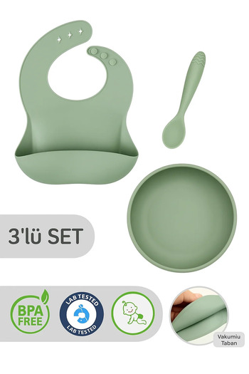 CKM silikon 3-Piece Silicone Feeding Set – Silicone Bib, Vacuum Plate, Teether Spoon Green
