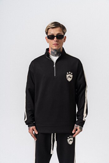 Respire Men's Stripe Detailed Half Zipper Modal Sweatshirt Black