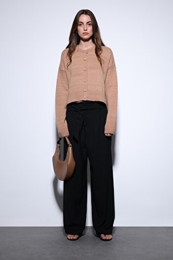 Antioch Black Belted Pleated Wide Leg Women's Trousers