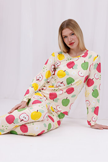 Arvin Pijama Women's Colorful Apples Printed Soft Textured Long Sleeve Knitted Pajama Set