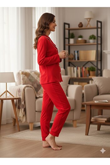 FAMES PİJAMA Women's Red Button Detail Paddy Suit