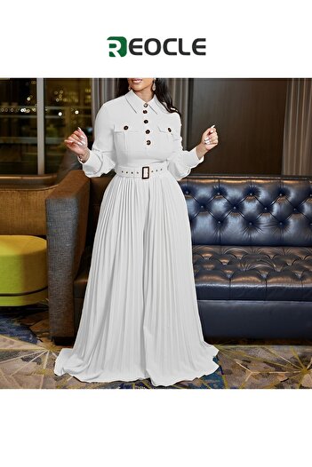 REOCLE Personalized Button Design New Long-sleeved Casual Loose Pleated Wide-leg Elastic Belt Jumpsuit