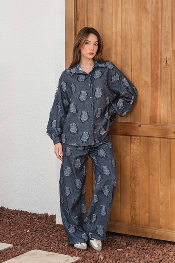 GİYSA Women's Patterned Shirt and Trouser Set Navy Blue - 26K 6024