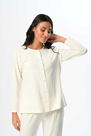 Pelin Women's Ecru Front Buttoned Maternity 3-Piece Pajama Set