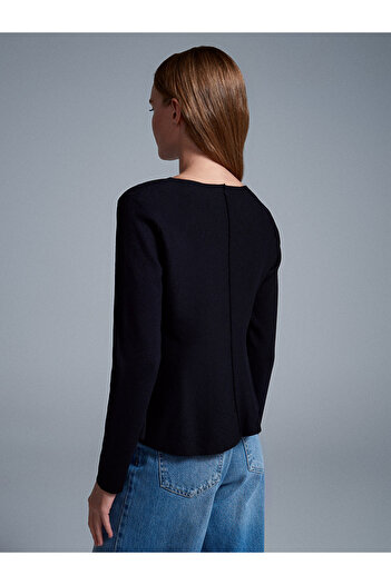Dilvin 10824 Crew Neck Peplum Knitwear Top-Black