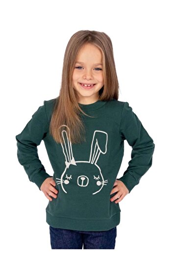 Ozmoz By Mukadder Özden 100% Cotton Printed Green Winter Girls' Sweatshirt