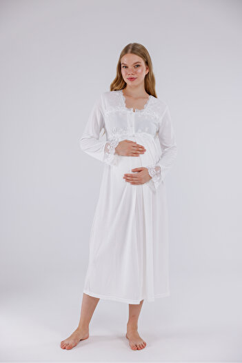Yulem Homewear Ecru Special Lace Long Sleeve Cotton Full Length Maternity Nightgown-Dressing Gown Set of 2