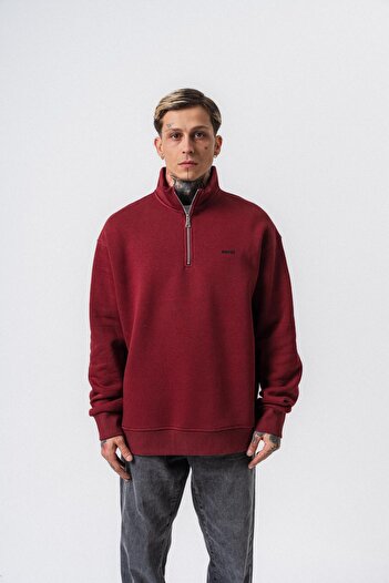 Respire Men's Text Detailed Half Zipper Basic Sweatshirt Burgundy