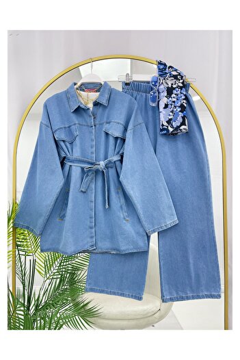 YEDİLALE Hidden Button Lace-Up Casual Denim Double Set [38-48 Size Range]