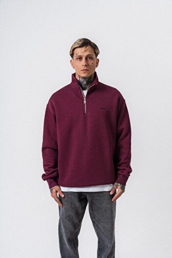 Respire Men's Text Detailed Half Zipper Basic Sweatshirt Cherry
