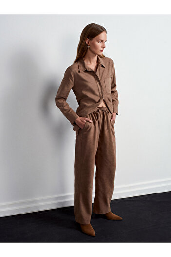 Dilvin 72164 Elastic Waist Suede Trousers-Mink