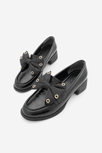 Marjin Women's Loafer Bow Detailed Trock Casual Thick Heeled Shoes Yanis Black