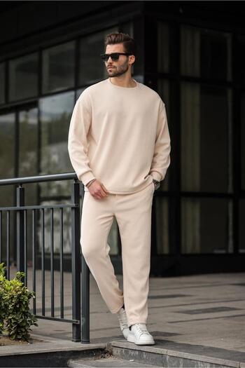 Madmext Beige Crew Neck Men's Velvet Suit E7337