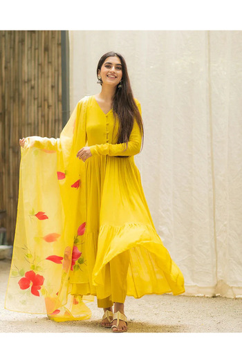 ZERE Yellow Georgette Cape Hand Painted 3-Piece Kurta Set