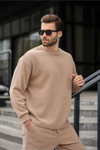 Madmext Camel Crew Neck Men's Velvet Suit E7337