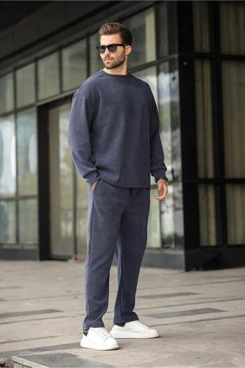 Madmext Navy Blue Crew Neck Men's Velvet Suit E7337