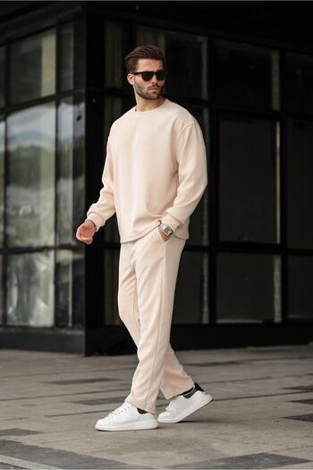 Madmext Beige Crew Neck Men's Velvet Suit E7337