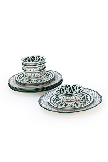 SHALLOW Porcelain AMALFI 12Pc Dinner Set - Green, 4×10.5” Plates,4×7.5”SidePlates&4 × 4.5”SmallBowls