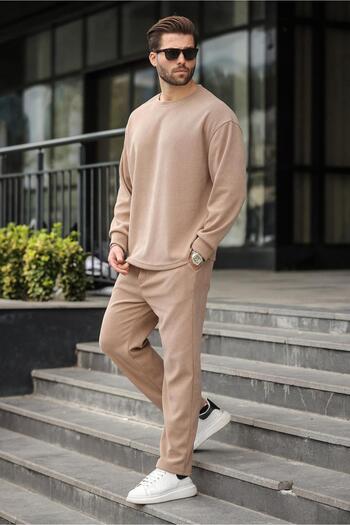 Madmext Camel Crew Neck Men's Velvet Suit E7337