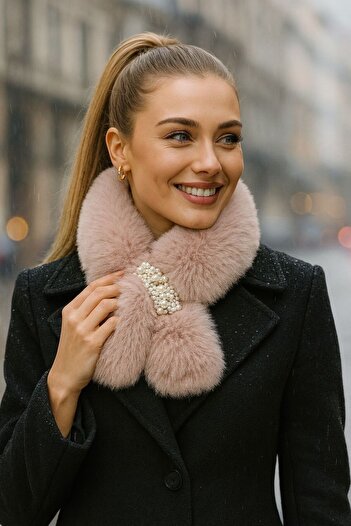 FELLMENS Pink Soft Textured Mango Plush Pearled Women's Neck Collar