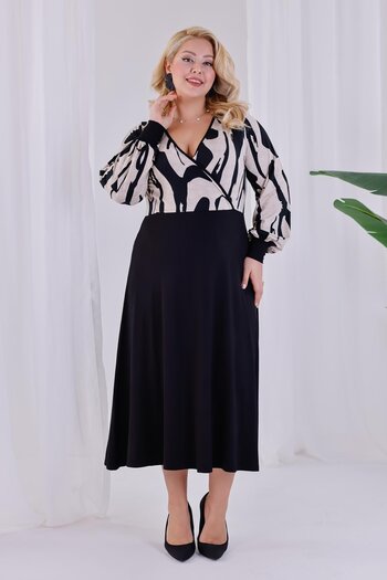Madwilo Women's Beige Black Abstract Pattern Blocky Double Breasted Collar Balloon Sleeve Plus Size Stretchy Maxi Dress
