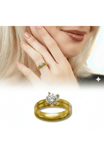 Tesbihane Gold Color Zircon Stone V Design 316L Quality Stainless Steel Women Solitaire Ring - 25 Size