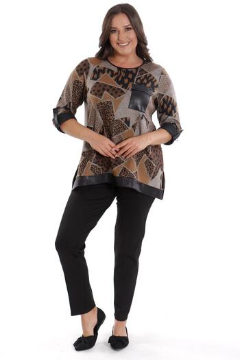 SERTUĞ Trend42Plus Plus Size Geometric Pattern Leather Pocket Brown Blouse