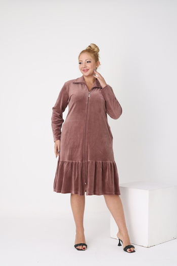 STELLETO Ruffled Embroidery Detailed Collar Long Sleeve Zippered Velvet Plus Size Dress