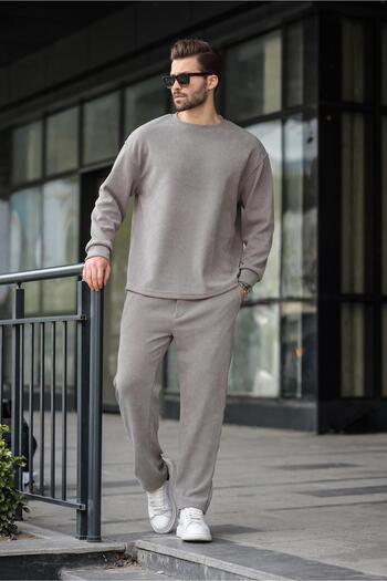 Madmext Painted Gray Crew Neck Men's Velvet Suit E7337
