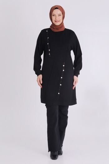 Veka Plus Size Hijab Embroidered Front Tunic 2058 Black
