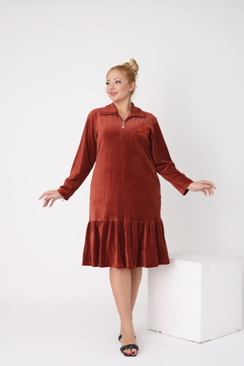 STELLETO Ruffled Embroidery Detailed Collar Long Sleeve Zippered Velvet Plus Size Dress