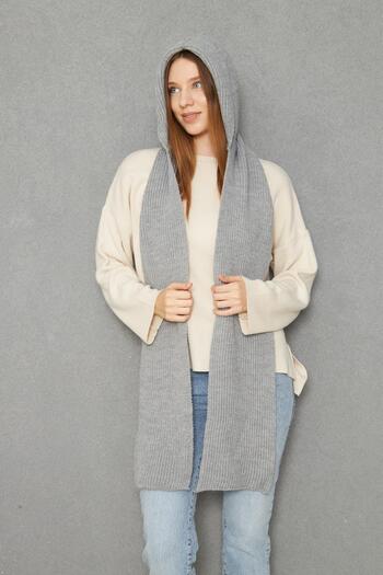 Irmak Kerekli Women's Soft Textured Hooded Scarf Thessaloniki Knitted Hooded Shawl 13038