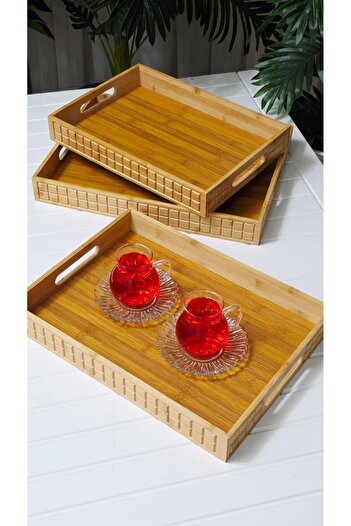behila Bamboo 3-Layer Rectangular Presentation Tray Coffee Tea Tray