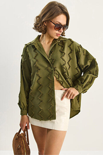 Bianco Lucci Women's Zigzag Fringed Oversized Shirt 2147 60283638