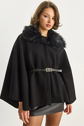 Bianco Lucci Women's Plush Collar Detailed Belted Cashmere Poncho 2805 60281115