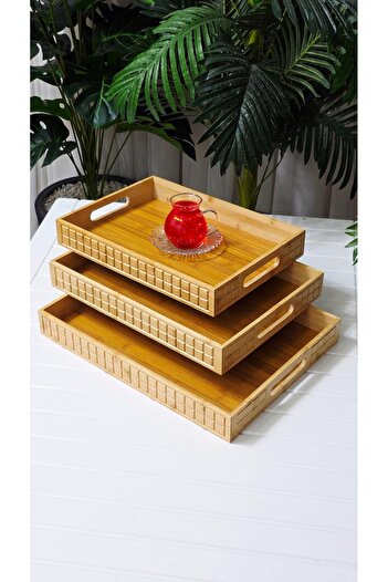 behila Bamboo 3-Layer Rectangular Presentation Tray Coffee Tea Tray