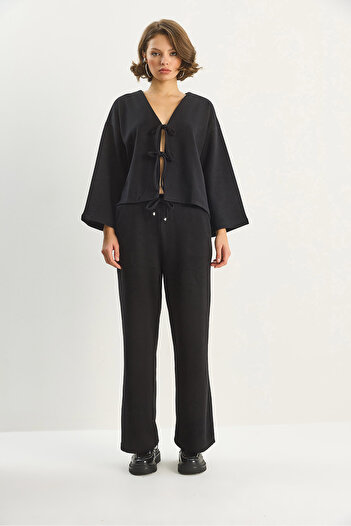 Bianco Lucci Women's Tie Detail Kimono High Waist Loose Pants Thessaloniki Set 7028 60283640