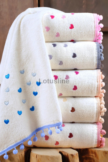 Lotusline 6-Piece Embroidered Towel Set with Pompoms Mel-Face Towel 50X90