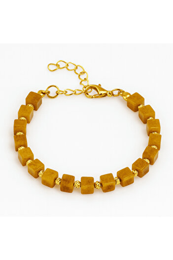 Tesbihane Gold Color Metal Chain Dorica Decorated Cube Cut Mustard Color Natural Drop Amber Women's Bracelet