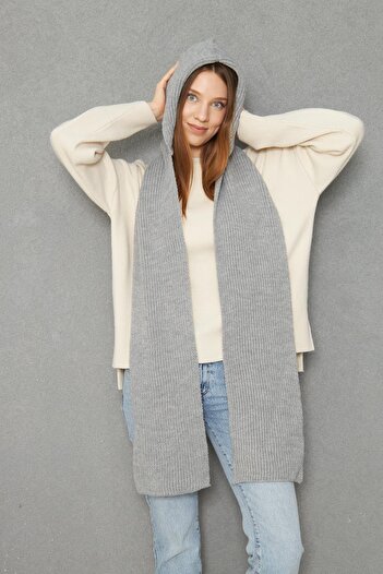 Irmak Kerekli Women's Soft Textured Hooded Scarf Thessaloniki Knitted Hooded Shawl 13038