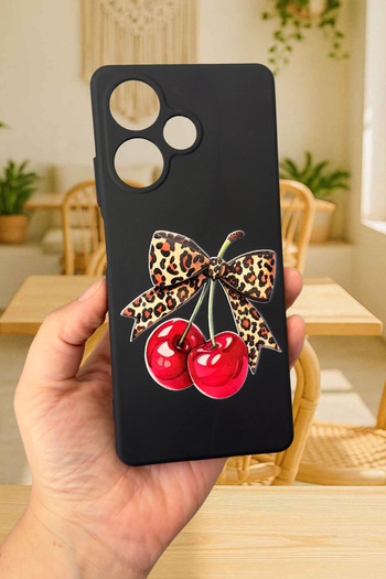 Vip Case Infinix Hot 30 Compatible Cherry Leopard Bow Patterned Silicone Shock-Absorbing Rubber Case277
