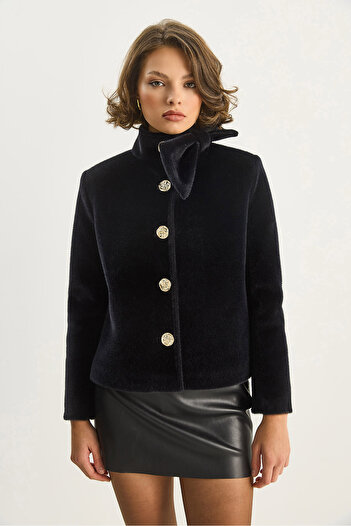 Bianco Lucci Women's Bow Collar Gold Button Detailed Lined Fox Jacket 0305 60283656